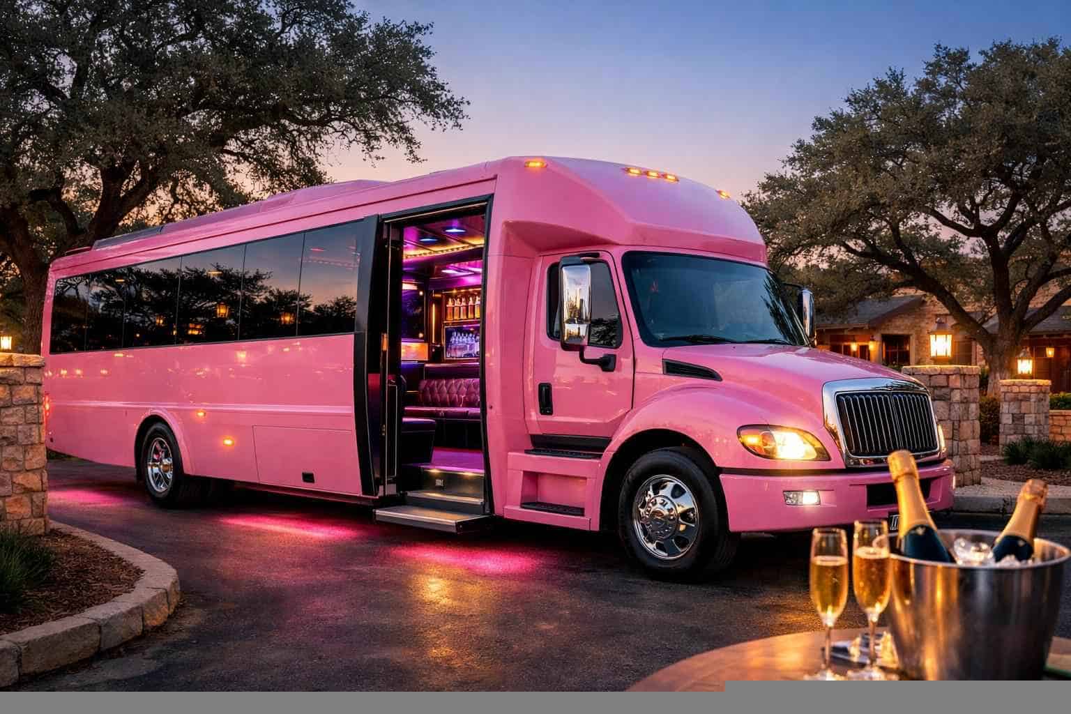 Luxury Pink Party Bus Rental in Live Oak Texas