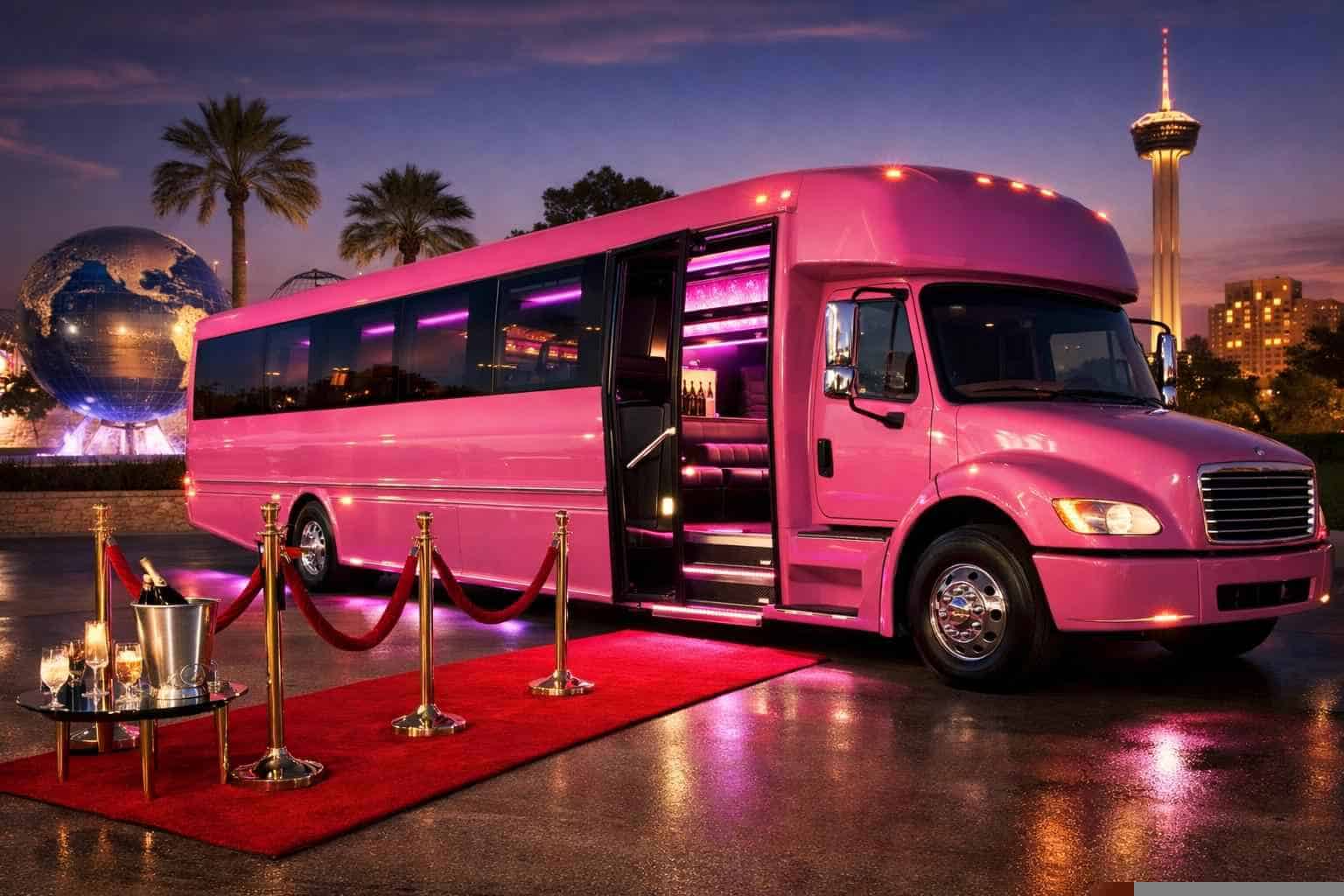 Luxury Pink Party Bus Rental in Universal City Texas