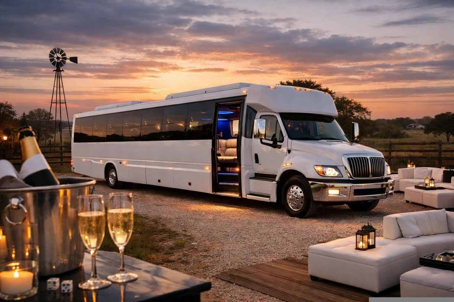 Luxury White Party Bus Rental in Floresville Texas