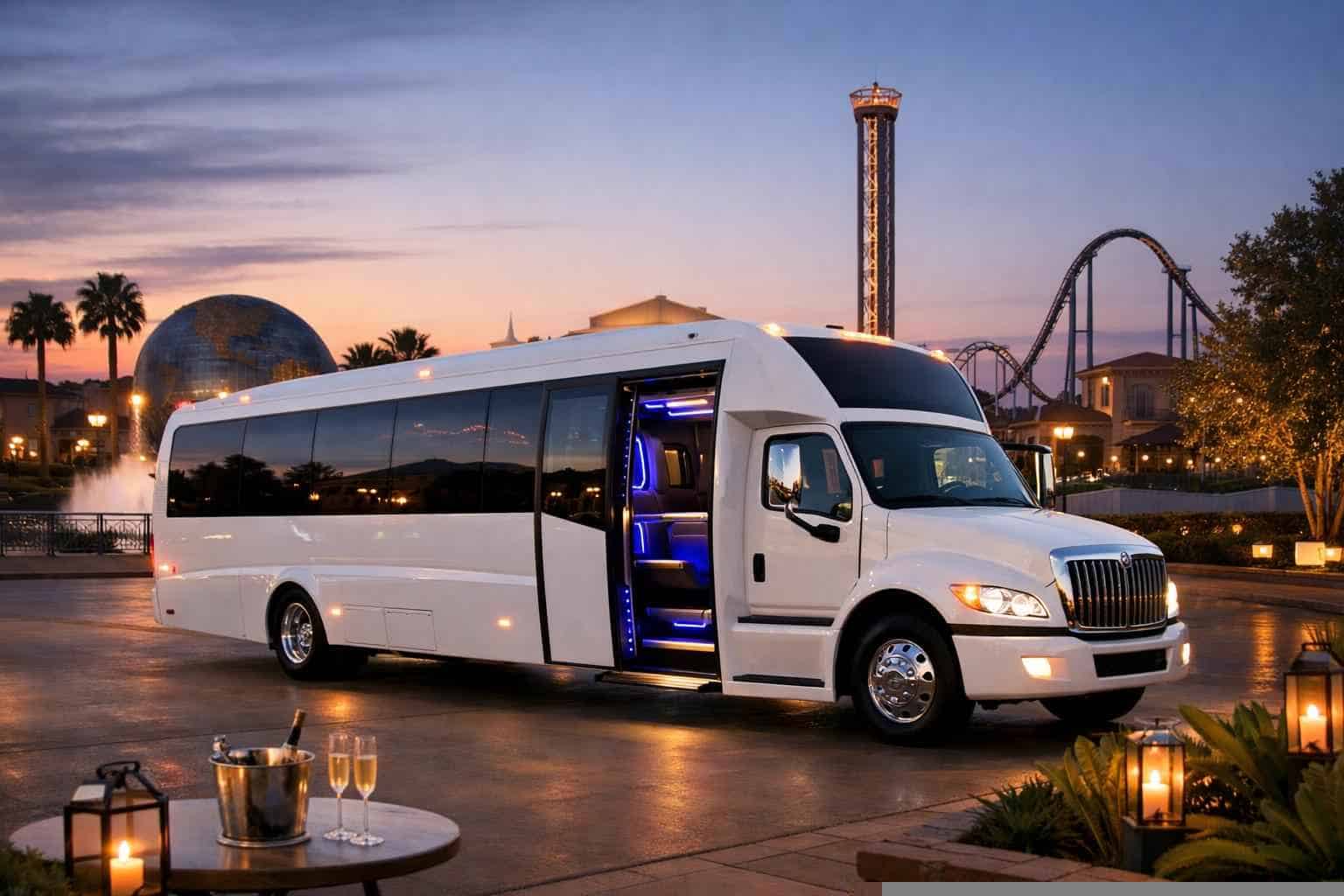 Luxury White Party Bus Rental in Universal City Texas