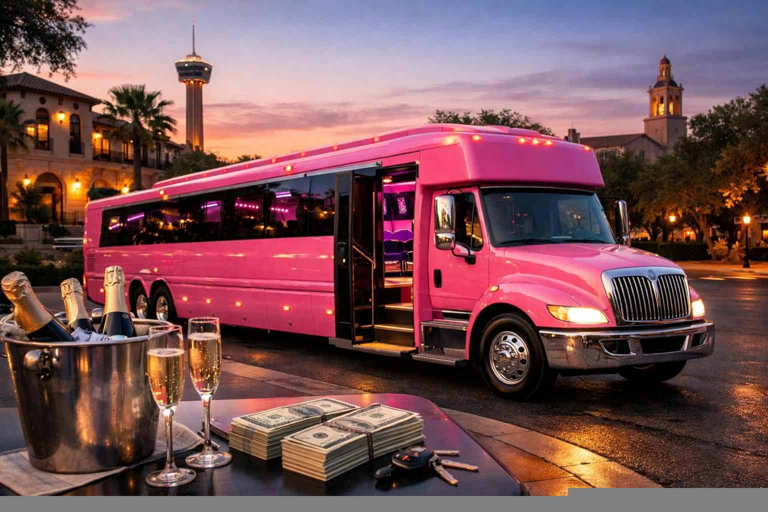Pink Party Bus Rental Prices in Alamo Heights TX