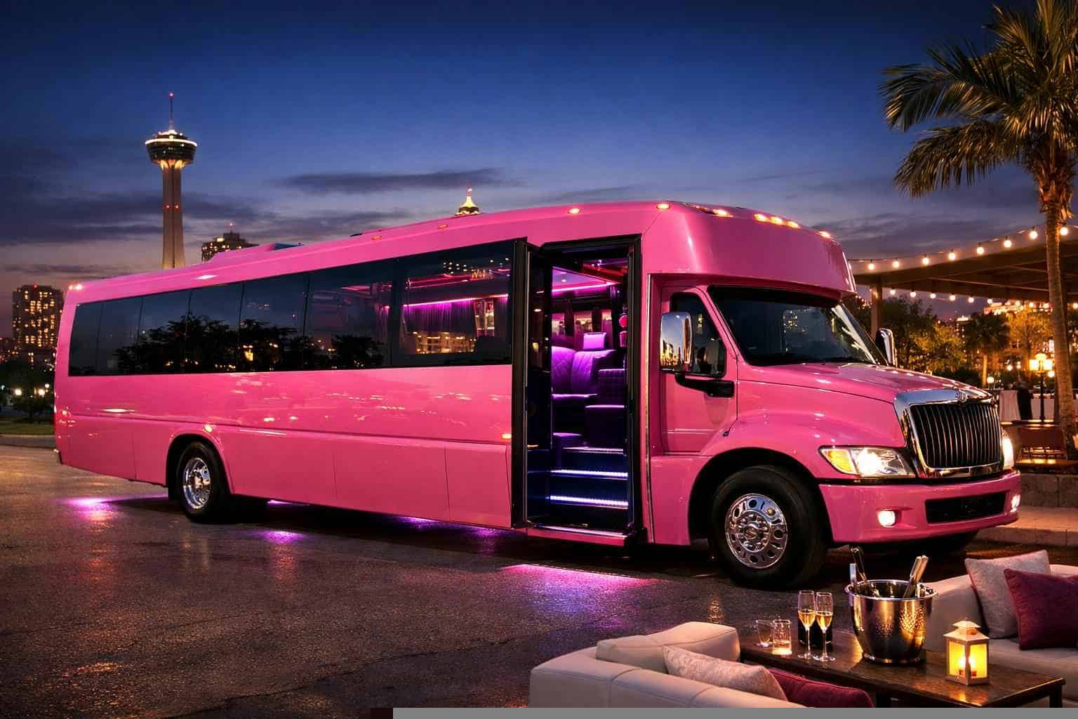 Luxury Pink Party Bus Rental in Kirby Texas