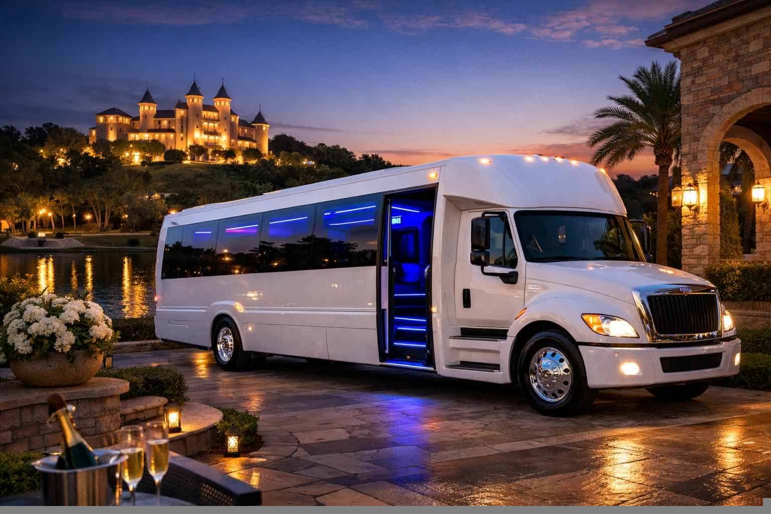Luxury White Party Bus Rental in Castle Hills Texas