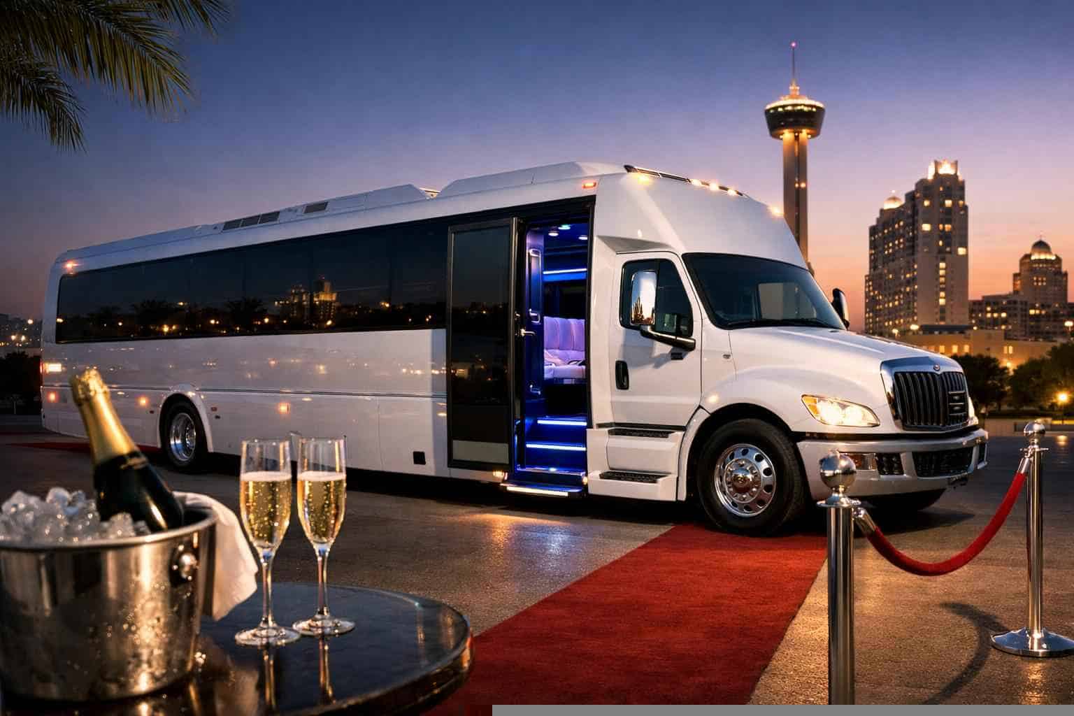 Luxury White Party Bus Rental in Kirby Texas